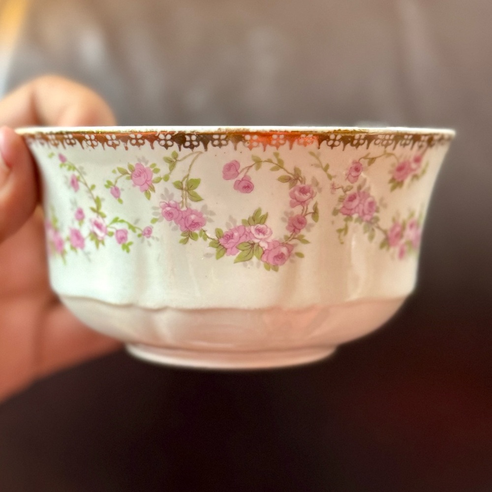 Antique Pink and White Floral Dinnerware Bowl with Gold Trim
